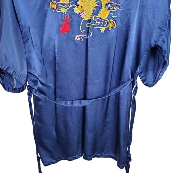 Health Shanghai Size M Kimono Robe Silky Rayon Embroidered Dragon Tie Belt Blue - Picture 8 of 14